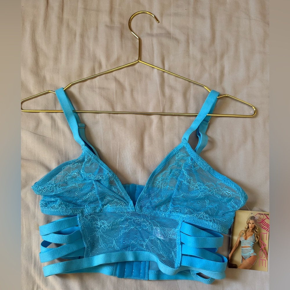 Bralette, Garter Belt & Panty Set - Light Blue size M/L